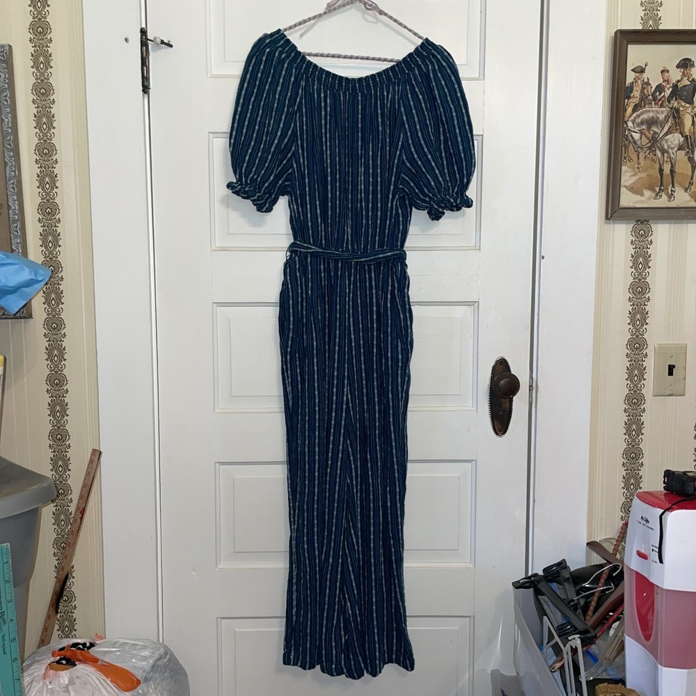 Universal Thread Linen Blend Long Jumpsuit, Medium, Striped Teal‎